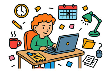 Fototapeta premium Busy Work Doodle. busy at work. Colorful Hand-drawn doodle Children illustration busy at work laptop, desk, chair, coffee cup, notebook, pen, calendar, clock,