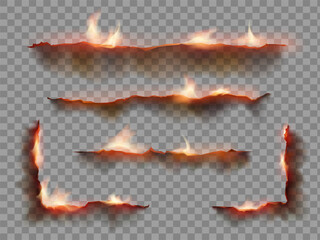 Burnt and smoldering paper edges effect. Template isolated on a transparent background. Vector collection.