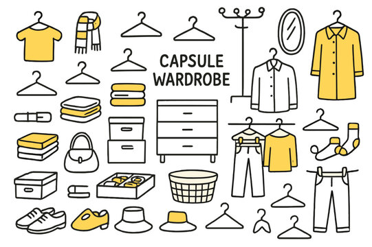 Colorful Capsule Wardrobe. Capsule wardrobe. Hand-drawn doodle illustration hangers (colored), folded clothes (colored), storage boxes (colored), shoes