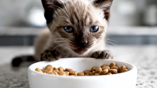 Close up of a small, hungry Siamese kitten with blue eyes eagerly eating dry kibble from a white ceramic bowl on a kitchen counter