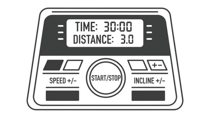 Treadmill control panel: Depicting an essential treadmill control panel, displaying a precise 30-minute workout session with 3.0 distance, it encourages users towards achieving fitness goals.
