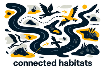 Vibrant River Ecosystem. River Ecosystem ? Bird?s Eye View. Aerial composition of meandering river, islands, and marsh; dotted migration lines cross above.