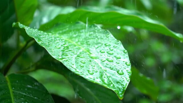 Raindrops gently falling onto large, glossy tropical leaves during a serene afternoon shower with soft natural light season, close up, background