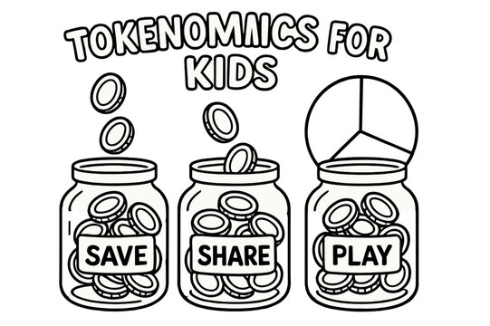 Tokenomics Coloring Page. Tokenomics for kids children?s coloring book illustration, outlined drawing, three jars labeled ?Save,? ?Share,? and ?Play? with