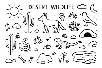 Fototapeta premium Desert Wildlife Doodles. Desert Wildlife. Hand-drawn doodle illustration Desert Wildlife jackal, snake, lizard, cactus, rocks, sun, moon, footprints, bush,