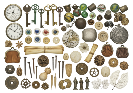Macro flat lay of diverse salvaged antique artifacts: cracked watch, oxidized keys, glass marbles, thimbles, gears, parchment, on transparent studio background, concept of historical relics and - Powered by Adobe