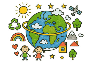 Fototapeta premium Whimsical Earth Sketch. Planet Earth. Colorful Hand-drawn doodle Children illustration Planet Earth continents, oceans, clouds, orbit ring, stars, satellite,