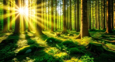 Obraz premium Golden sunbeams stream through a lush green forest canopy, illuminating the mossy ground and creating a magical, serene morning landscape with long shadows and vibrant foliage