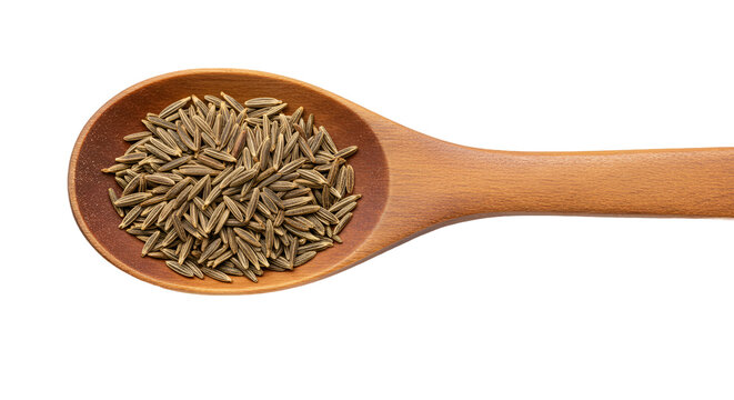 Overhead View of Whole Cumin Seeds Piled in a Rustic Wooden Spoon