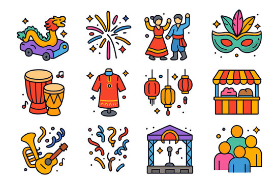 Global Festival Icons. Global festivals. Colorful isometric vector icons set of global festivals: parade float, fireworks, traditional dance, festival mask,