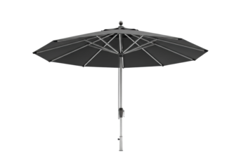 Sleek, deep charcoal grey patio umbrella, heavy-duty polyester, brushed aluminum pole, fully open, isolated on transparent background, copy space, studio light, concept for modern outdoor living