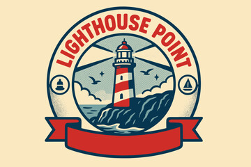 Obraz premium Retro Lighthouse Poster. Lighthouse Point ? Retro Poster; lettering: bold rounded; composition: ribboned seal with side icons; effects: halftone rim + gentle