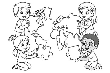 Fototapeta premium Children's World Puzzle. World map puzzle children?s coloring book illustration, outlined drawing, continents shaped as puzzle pieces being placed together by