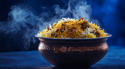 Hyderabadi dum biryani, aromatic steam rising, royal blue background