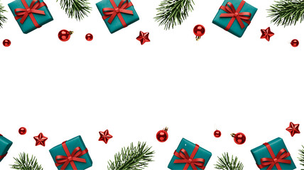 Festive christmas border with teal gift boxes red ornaments and green pine branches on a black background isolated on transparent background