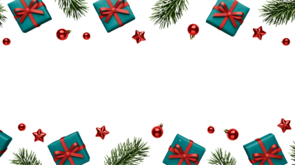 Festive christmas border with teal gift boxes red ornaments and green pine branches on a black background isolated on transparent background