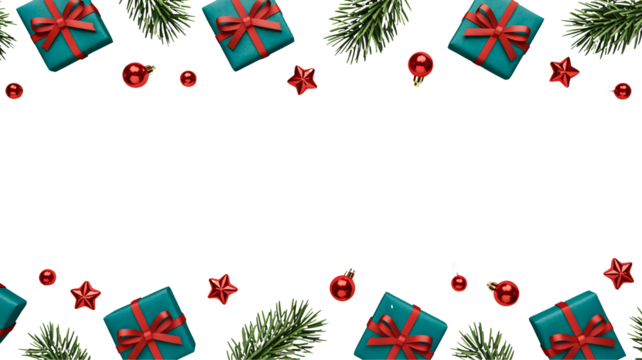 Festive christmas border with teal gift boxes red ornaments and green pine branches on a black background isolated on transparent background
