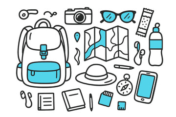 Traveler's Essentials Layout. // Traveler?s flat lay. Hand-drawn doodle illustration Traveler?s flat lay [backpack (accented), folded map (accented), camera,