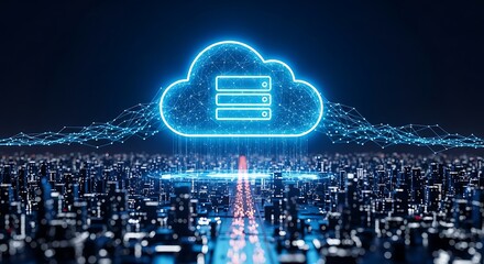 Futuristic cloud computing technology concept with a glowing cloud server icon hovering over a digital city, symbolizing data storage and processing