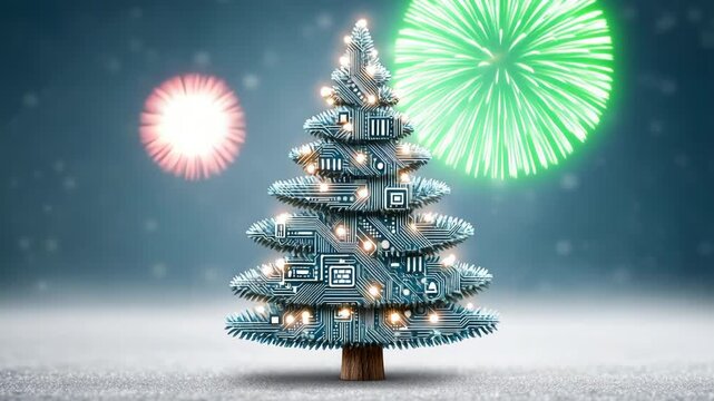 High-tech Christmas tree made of microchips with sparkling lights against a backdrop of fireworks. Digital holiday concept. New Year.