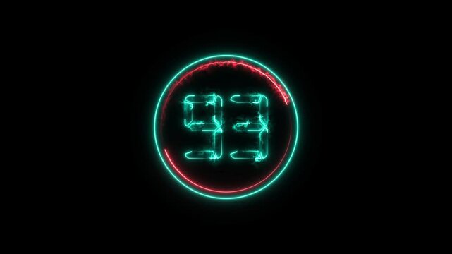 Number 93 neon bright cyan color animation 4k video. Abstract neon bright circle frame on black background.