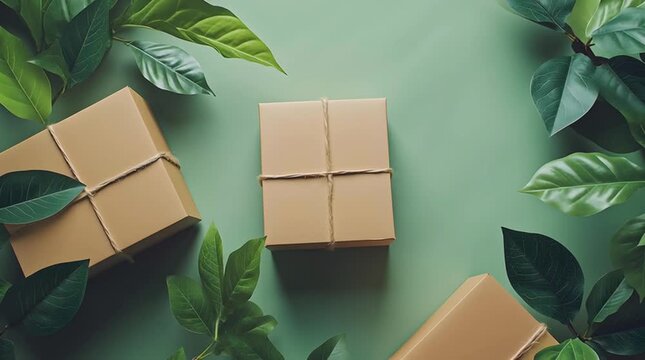Eco gift box kraft package with twine and green leaf, sustainable wrap in natural minimal style, eco friendly recycled paper packaging