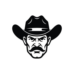 western cowboy face illustration with hat and mustache in black and white style.eps