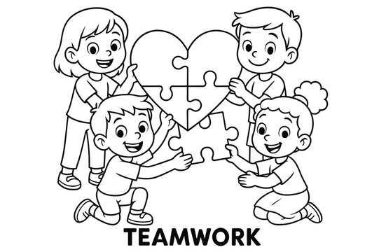 Heart Puzzle Teamwork. Teamwork puzzle children?s coloring book illustration, outlined drawing, cheerful kids each holding one puzzle piece and joining them to