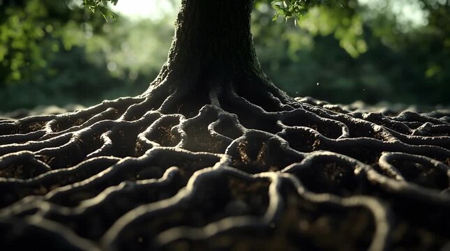 Ancient tree root network forest floor with natural texture and organic pattern woodland nature growth shows resilience and stability as sunlight
