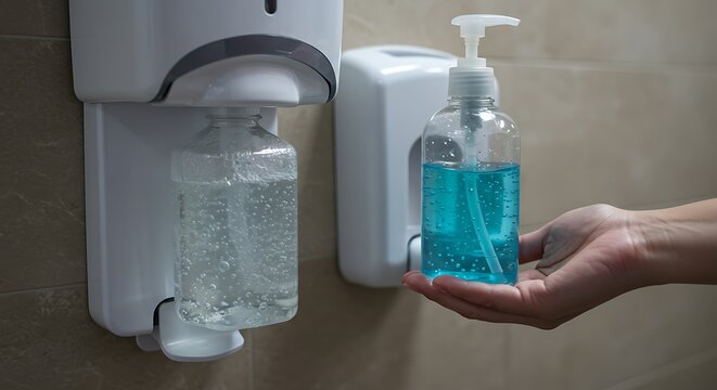Person using blue alcohol gel from a pump bottle for hand hygiene. - Powered by Adobe