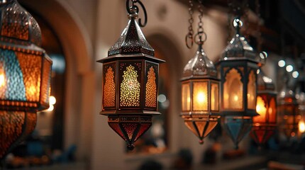 Warm lantern metal glass ornate hanging glowing night market ambiance with soft Moroccan lantern metal filigree warm glow bokeh lights hanging decor - Powered by Adobe