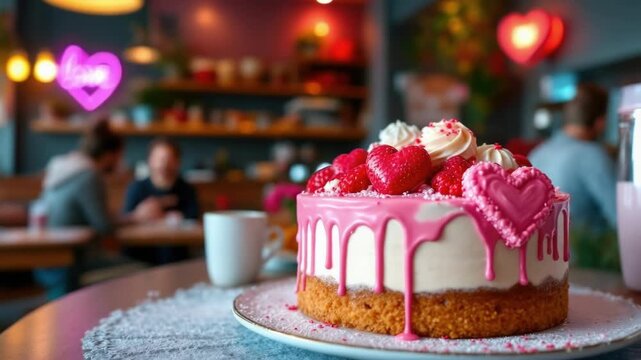 Heart-themed valentine's cake with pink icing in cozy cafe setting. The 14th of February. Happy Valentine's Day