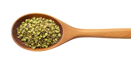 Dried Oregano Leaves in a Wooden Spoon on a Warm Brown Background