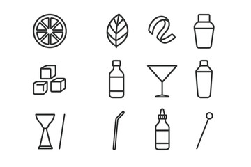 Cocktail Icon Set. Cocktail ingredients. Line icon set of cocktail ingredients: lime slice, mint leaf, citrus twist, sugar cube, ice cubes, syrup bottle,