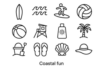 Coastal Icon Set. Coastal fun. Line icon set of coastal fun: surfboard, waves, surfer, volleyball, beach ball, lifeguard tower, sunscreen bottle, palm tree,