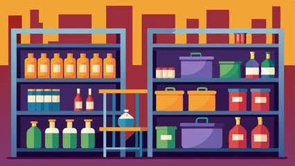 A chemical storage area with shelves filled with bottles and containers.