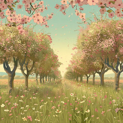 Serene path amidst flowering trees, evoking a sense of peacefulness and natural beauty