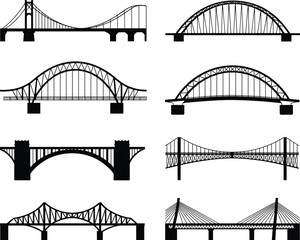 Bridge silhouettes, suspension bridge, arch bridge, truss bridge, cable-stayed bridge, engineering design, civil structure, black vector, infrastructure, isolated set