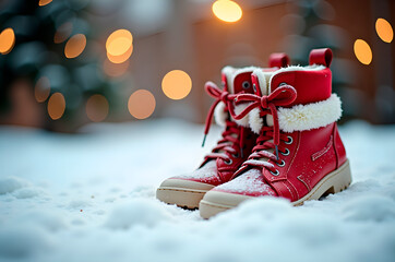 Red Winter Boots Standing in Fresh Snow with Festive Lights Back
