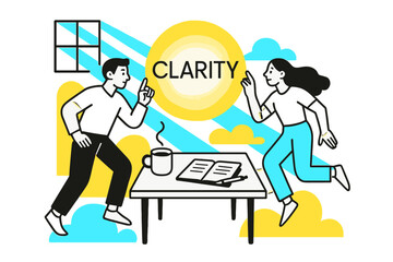 Clarity and Focus. Focus and Energy. Rays stream through a window onto a desk with coffee and notebook; the word ?Clarity? floats in thin type above a glowing