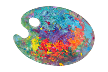 colorful artist palette isolated on transparent background. palette with oil art paints