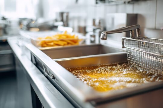 Close up of French fries being deep fried in hot bubbling oil with bubbles and splashes. Fryer with French fries frying close-up with boiling oil. The oil boils for potatoes. Clean kitchen. Fast food