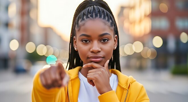 Young African American woman pointing with a thoughtful expression.