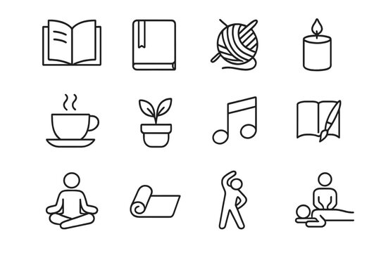 Relaxing Hobbies Icons. Relaxing hobbies. Line icon set of relaxing hobbies: reading, journal, knitting, candle, tea cup, plant, music, sketchbook, meditation