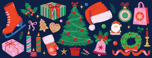 Christmas winter isolated elements set. Holiday gift box, santa hat, tree, skate shoes, mittens, jingle bell, holly, berries, decoration wreath, candles,  ornaments, shopping bag. vector collection