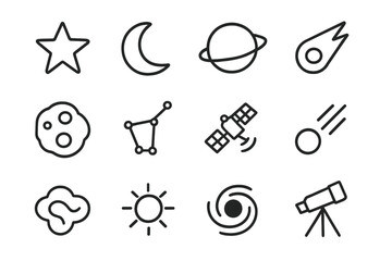 Fototapeta premium Celestial Icons Grid. Celestial objects. Line icon set of celestial objects: star, moon, planet, comet, asteroid, constellation, satellite, meteor, nebula,