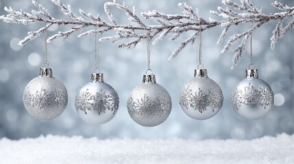Silver Christmas baubles with snowflake design hanging on frosty branch in winter festive scene
