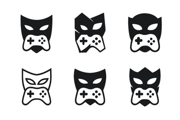Gamer Logo Variations. Digital avatars. Set Logo of gamer tag: joystick and mask emblem. Icon set. harmonious logo variations of the same emblematic concept,