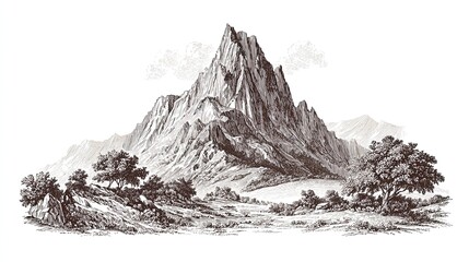 Vintage engraving sketch of tall mountain peak with trees and valley in detailed retro style illustration