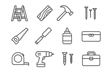 Woodworking Tool Icons. Woodworking. Line icon set of woodworking: ladder, plank, hammer, nails, saw, wood glue, chisel, level, measuring tape, drill, screws,